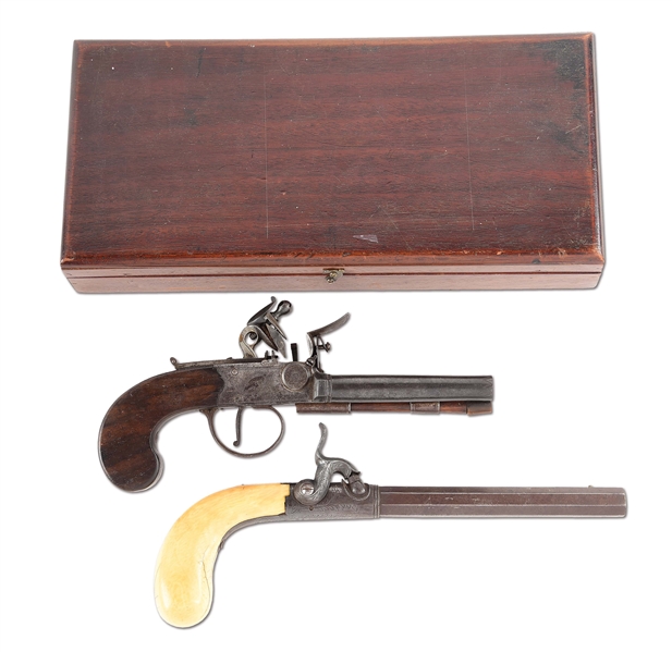 (A) LOT OF TWO: LONDON TAP ACTION FLINTLOCK AND MUFF PISTOL, CASED.