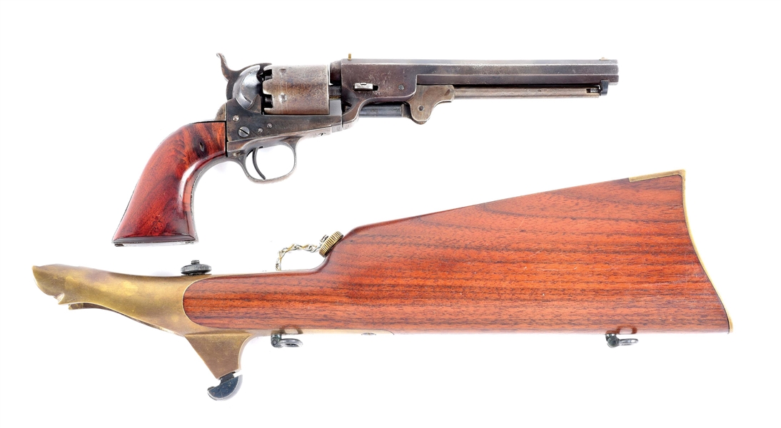 (A) COLT 1851 NAVY REVOLVER WITH REPRODUCTION 3RD MODEL CANTEEN STOCK.