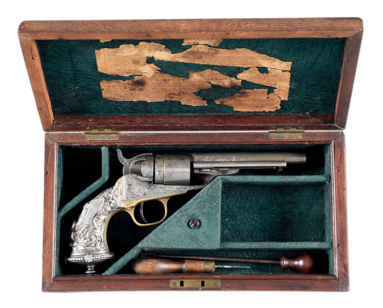 (A) CARTRIDGE CONVERSION COLT 1862 POCKET NAVY REVOLVER WITH STERLING SILVER TIFFANY STYLE GRIPS.