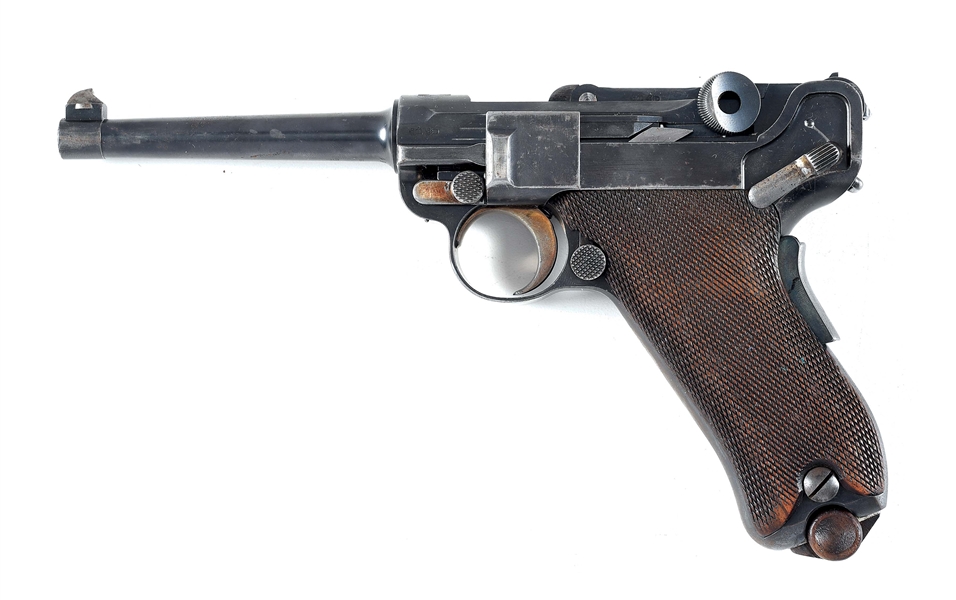 (C) 1900 DWM SWISS LUGER SEMI-AUTOMATIC PISTOL WITH HOLSTER AND STRAP. 