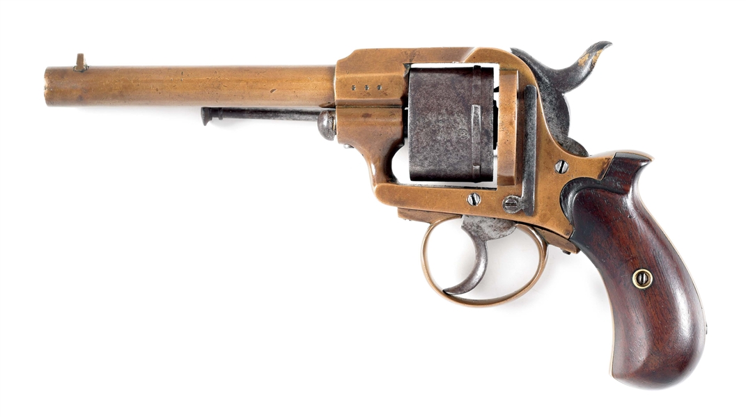 (A) INTERESTING ROCOUR DELSA & CIE BRASS FRAMED DOUBLE ACTION REVOLVER IN 11MM CENTERFIRE.