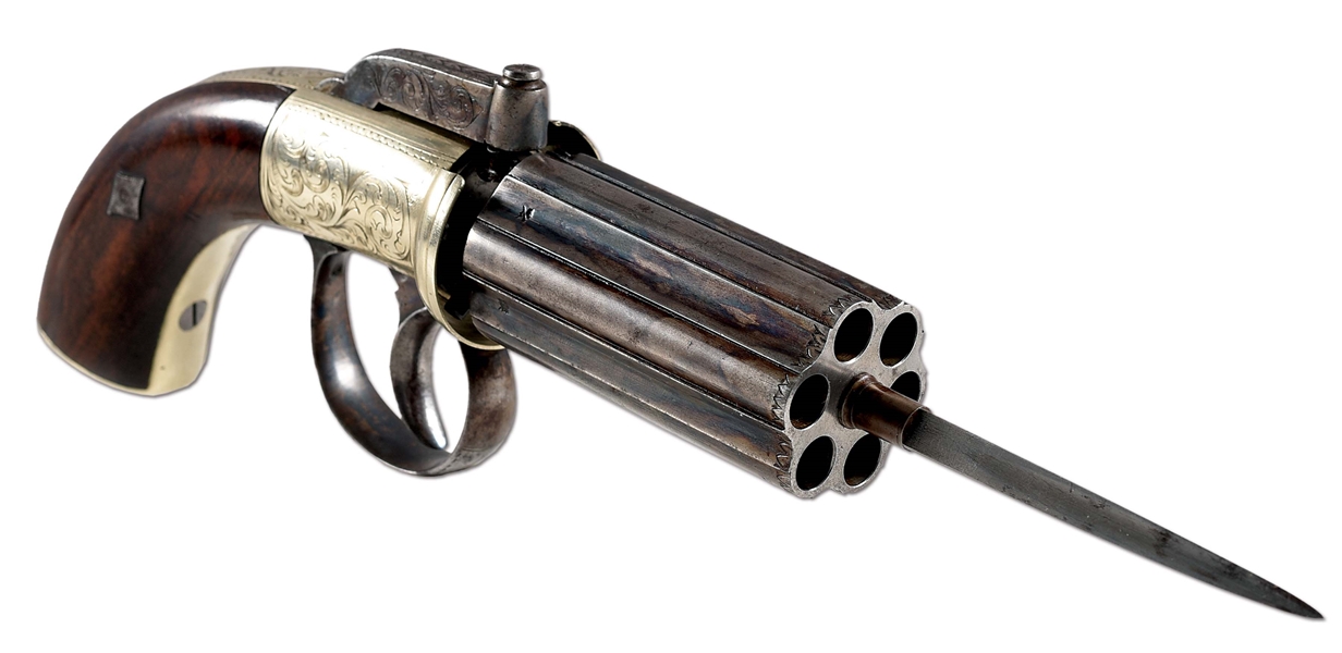 (A) ENGLISH PEPPERBOX REVOLVER WITH SPIKE BAYONET.