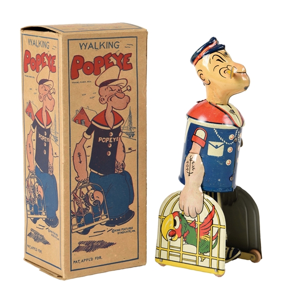 MARX TIN LITHO WIND-UP WALKING POPEYE WITH PARROT CAGES.