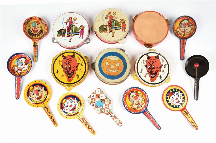 LOT OF 15 VINTAGE HALLOWEEN TAMBOURINES AND CLOWN NOISE MAKERS.