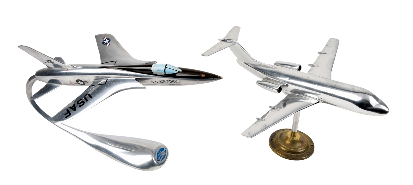 LOT OF 2: REPUBLIC F-105 THUNDERCHIEF AND FOKKER F 28 ALUMINUM AIRPLANE MODELS.
