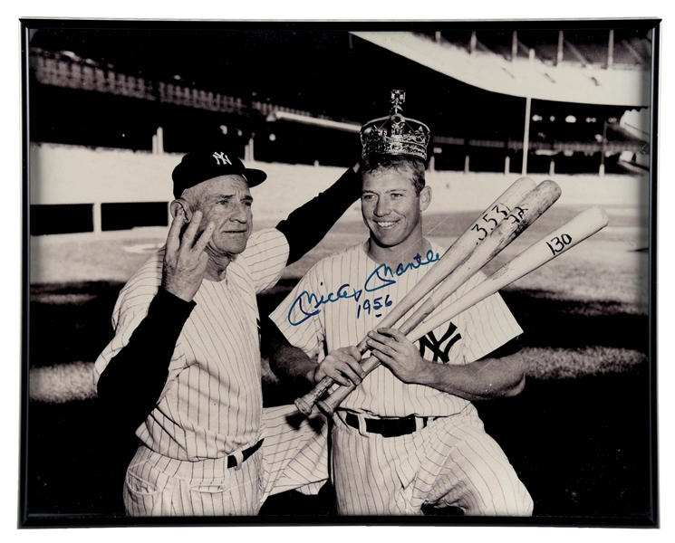 FRAMED AUTOGRAPHED MICKEY MANTLE AND CASEY STENGEL FACSIMILE PHOTOGRAPH.