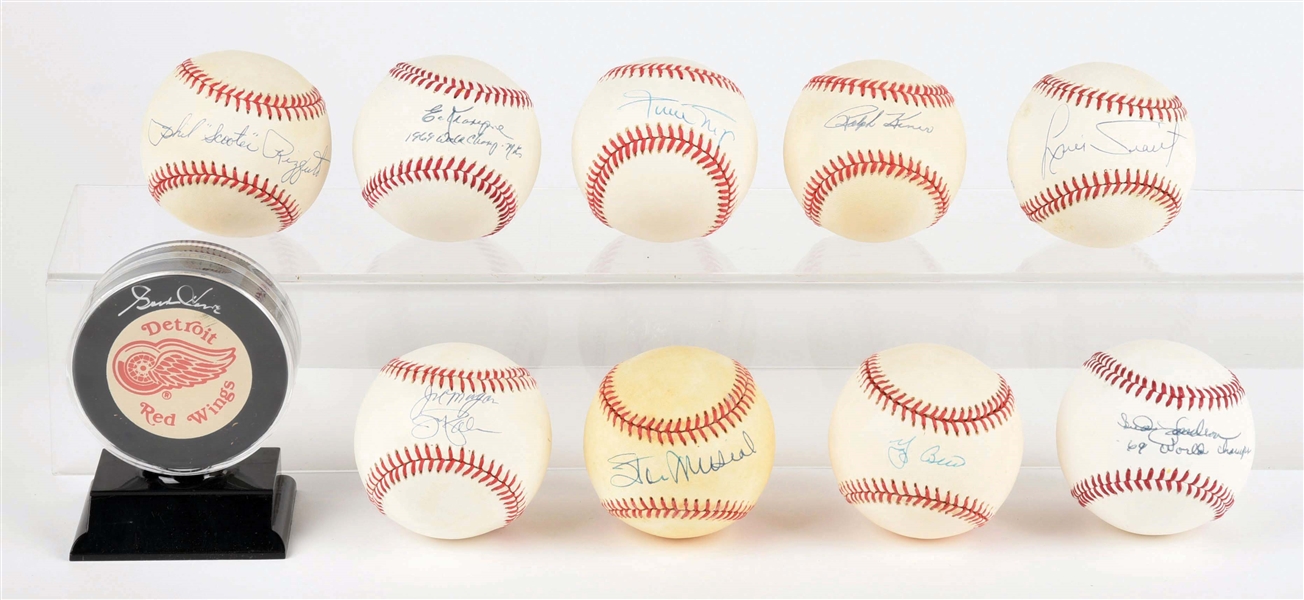 LOT OF 10: 9 AUTOGRAPHED BASEBALLS AND 1 AUTOGRAPHED HOCKEY PUCK.