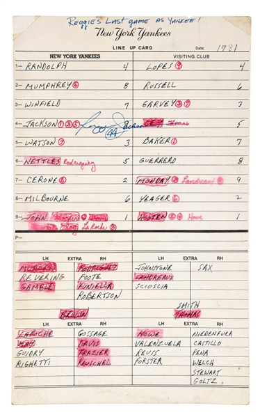 INTERESTING 1981 LINEUP CARD FROM REGGIE JACKSONS LAST GAME AS A YANKEE.
