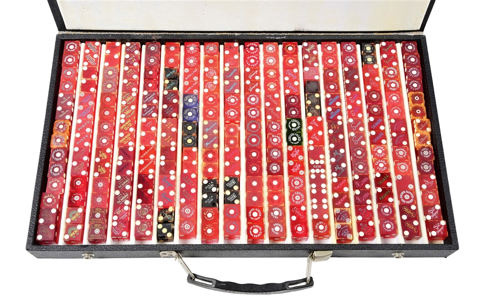 LARGE LOT OF CASINO DICE IN CARRYING CASE. 