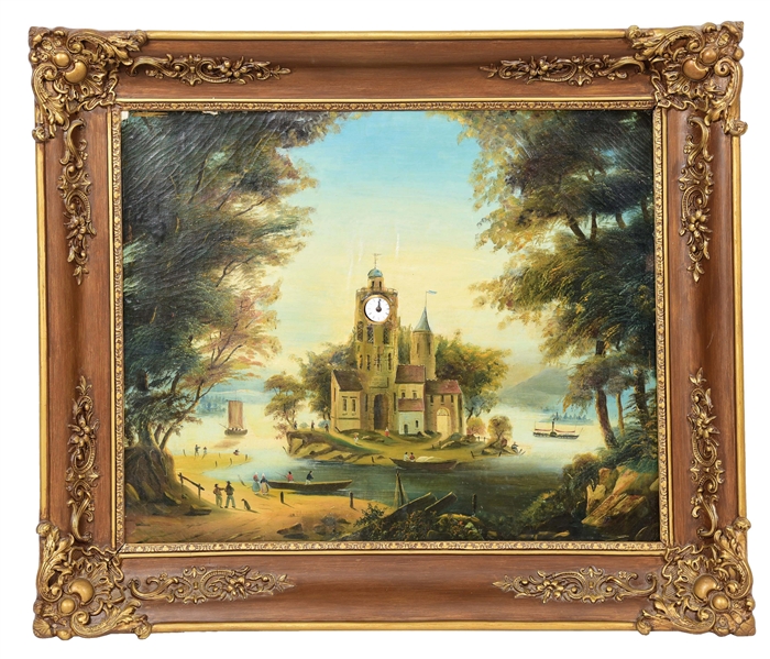 MUSICAL CLOCK PAINTING WITH TWO MUSIC BOXES.