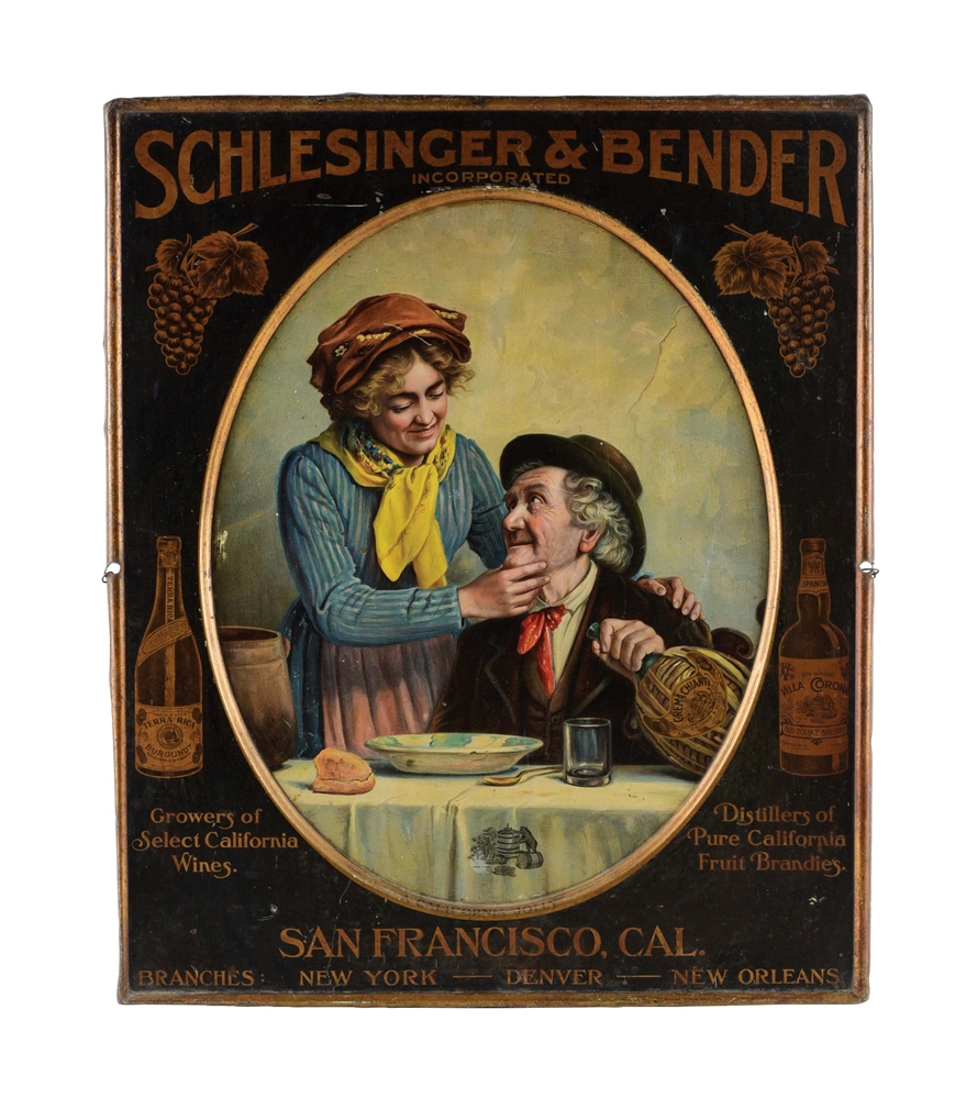 SELF FRAMED TIN SIGN FOR SCHLESINGER AND BENDER WINE.