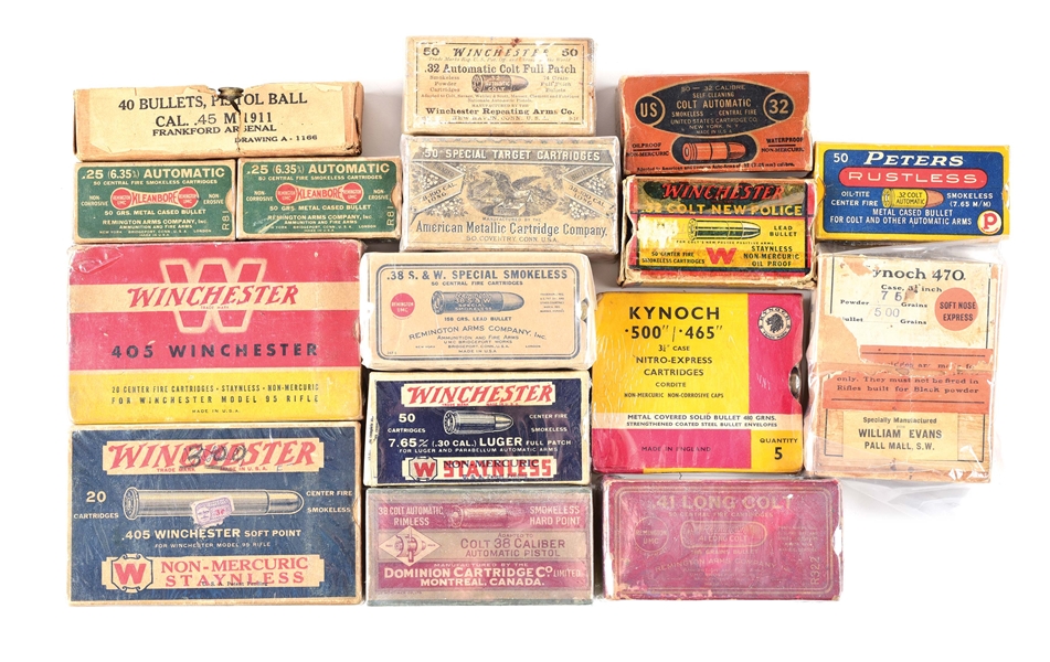 LOT OF 16: COLLECTIBLE BOXES OF AMMUNITION.