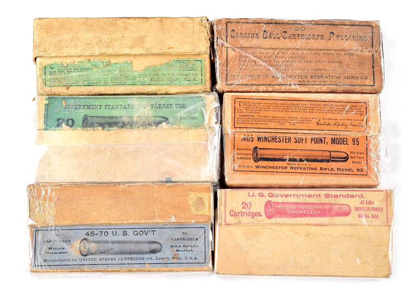 LOT OF 6: COLLECTIBLE BOXES OF RIFLE AMMUNITION.