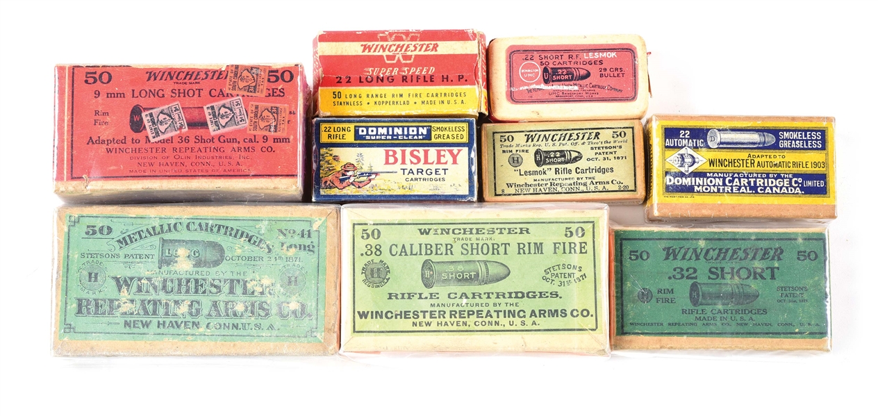 LOT OF 9: COLLECTIBLE BOXES OF AMMUNITION.