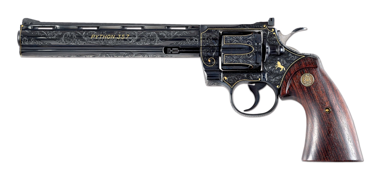(M) HOWARD DOVE ENGRAVED COLT PYTHON IN STYLE OF COLT CUSTOM SHOP ENGRAVING WITH FACTORY LETTER AND BOX.