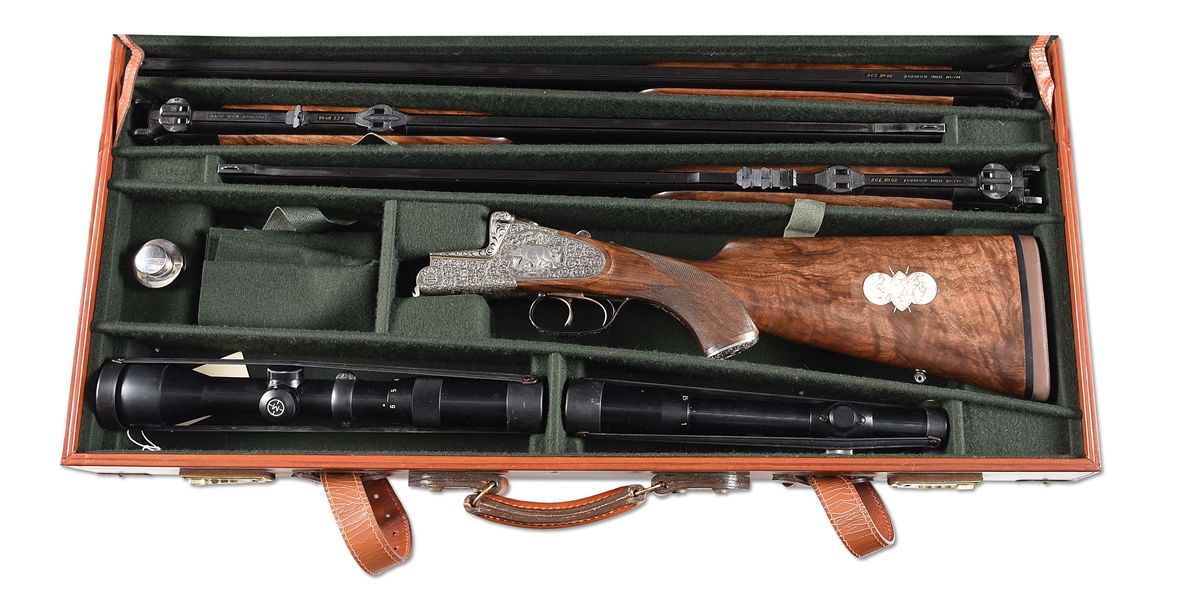(M) HEYM MODEL 55 COMBINATION SHOTGUN AND RIFLE WITH TWO SCOPES.
