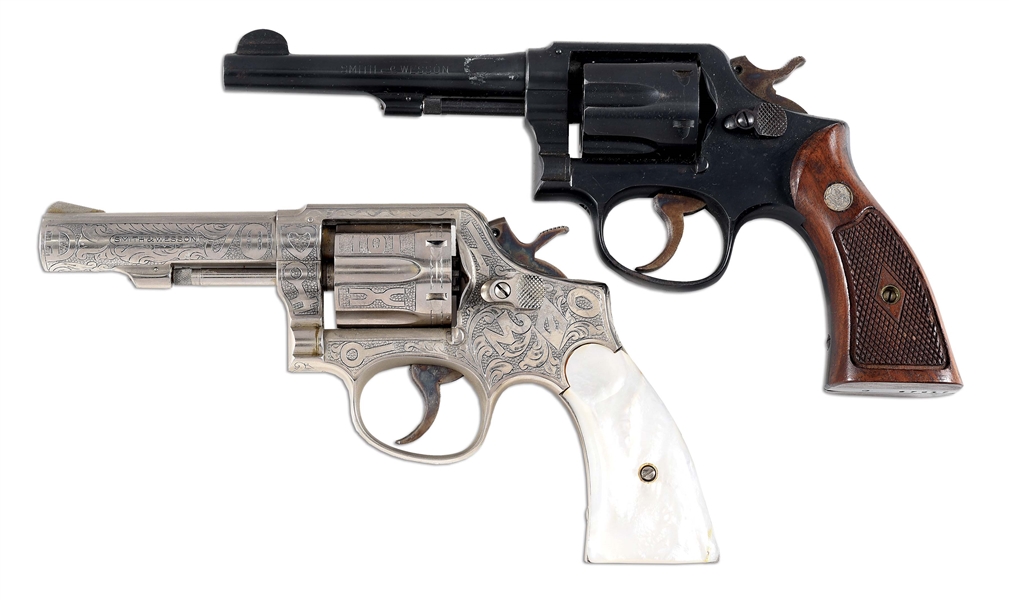 (C) LOT OF 2: 2 SMITH AND WESSON REVOLVERS, ONE PRE-MODEL 10 AND A 10-6 ENGRAVED IN CATTLEBRAND PATTERN.