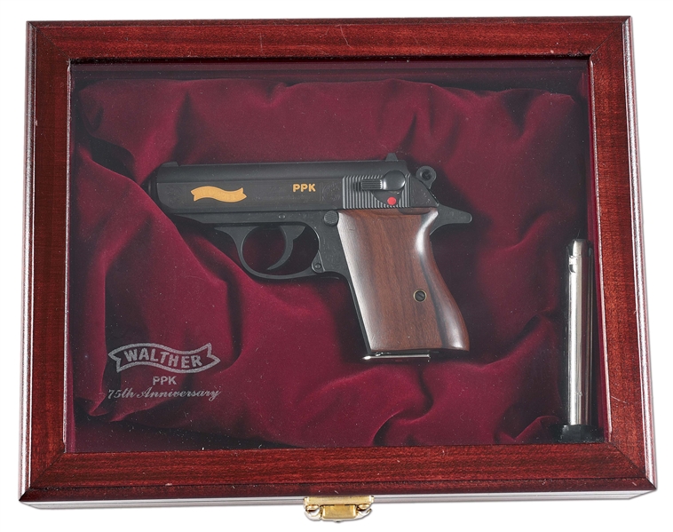 (M) CASED AND ENGRAVED 75TH ANNIVERSARY WALTHER PPK SEMI AUTOMATIC PISTOL.
