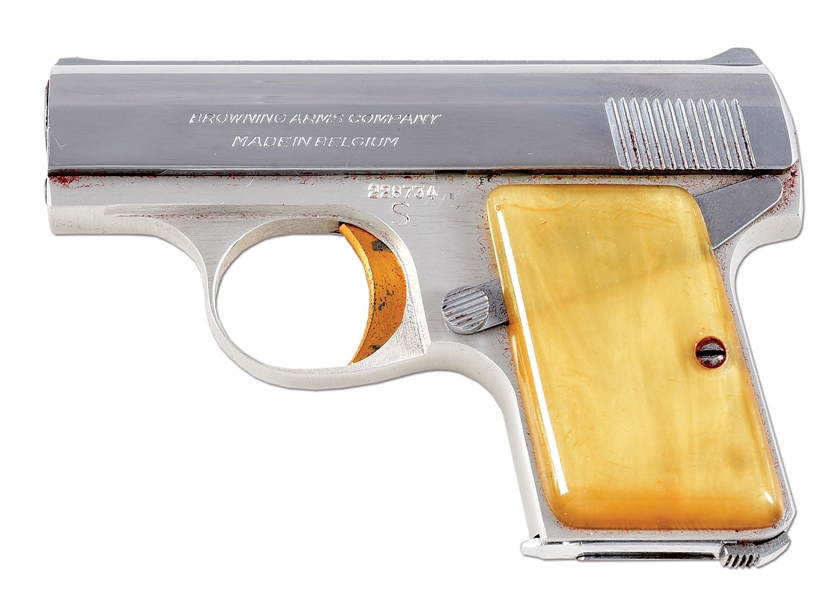 (C) NICKEL FINISHED BABY BROWNING SEMI AUTOMATIC POCKET PISTOL.