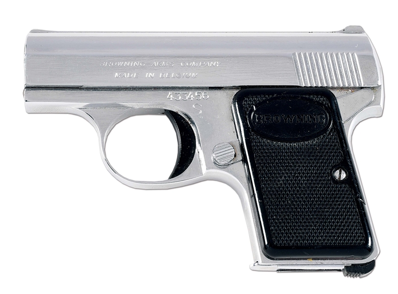 (C) NICKEL FINISHED BABY BROWNING SEMI AUTOMATIC POCKET PISTOL.