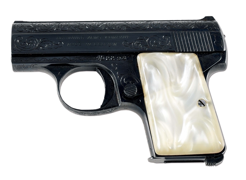 (C) ENGRAVED BABY BROWNING SEMI AUTOMATIC POCKET PISTOL WITH SLEEVE