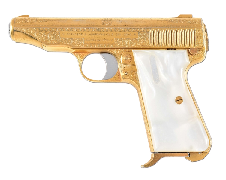 (C) FACTORY GOLD PLATED AND ENGRAVED BERNADELLI VB SEMI AUTOMATIC PISTOL WITH BOX, AND ORDER FORM.