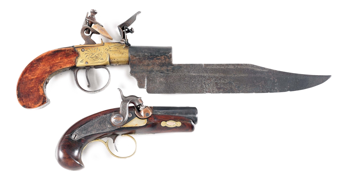 (A) LOT OF 2: ENGLISH BAYONETED BOXLOCK PISTOL AND CASED PERCUSSION DERINGER.