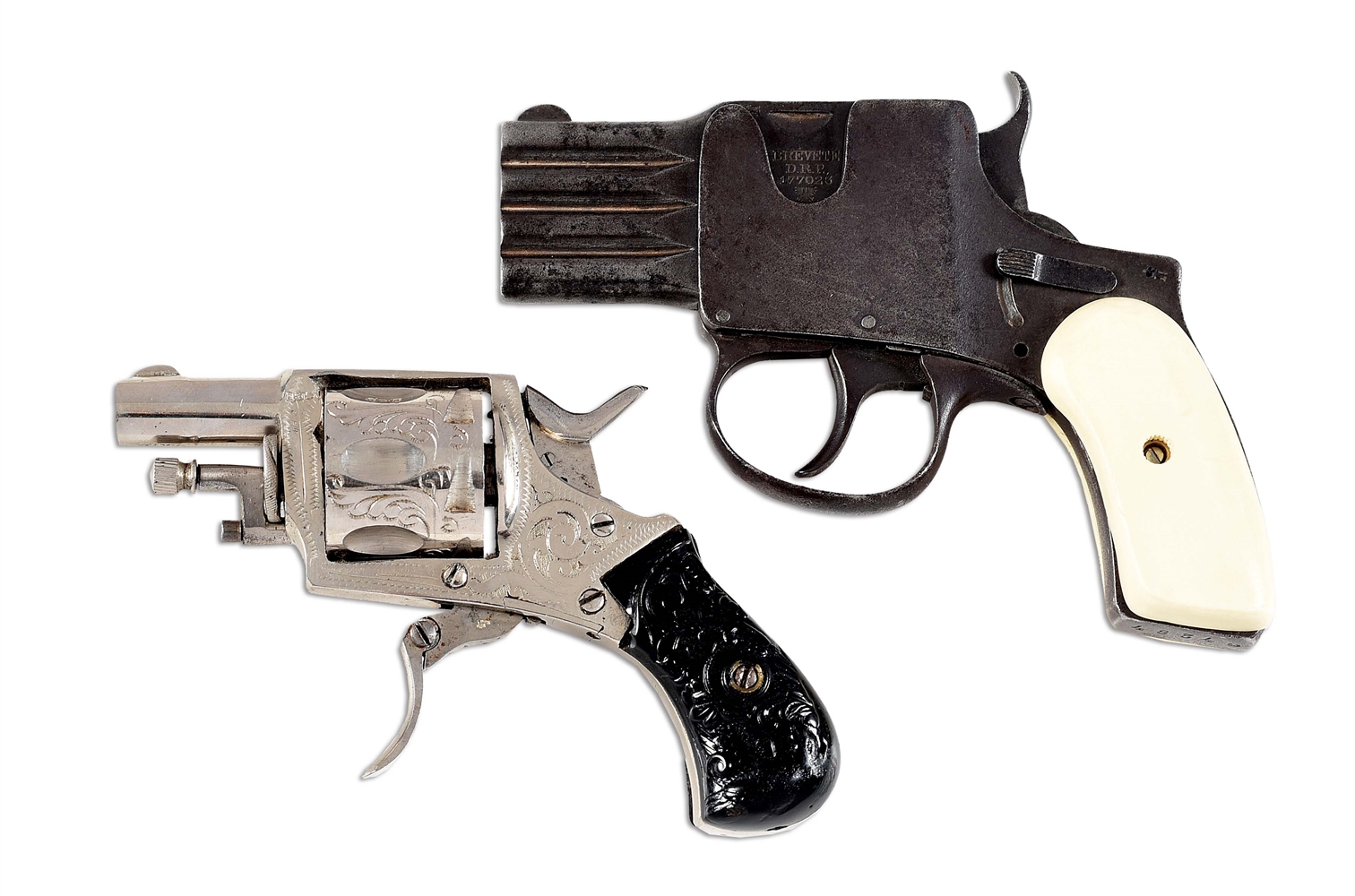 (C) LOT OF 2: GERAMN SCHULER REFORM PISTOL AND UNKNOWN ENGRAVED GERMAN PROOFED VELO-DOG STYLE REVOLVER.