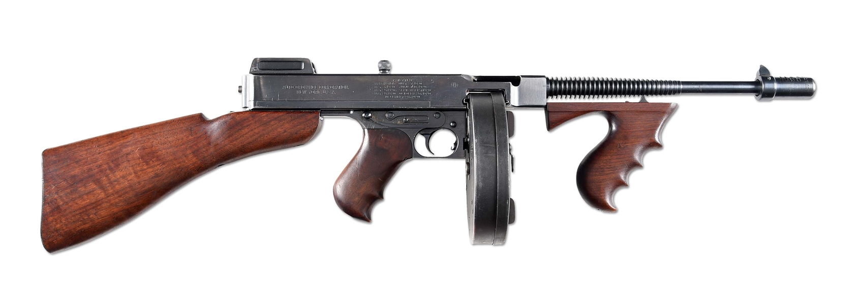 (N) EXTREMELY FINE COLT THOMPSON 1921/28 NAVY OVERSTAMP MACHINE GUN IN CASE WITH DRUM & MAGAZINES (CURIO & RELIC).