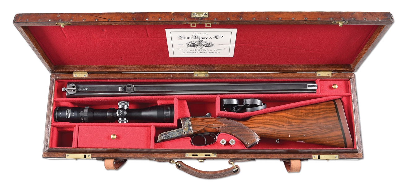(M) RIGBY & CO. SIDE BY SIDE BOXLOCK DOUBLE RIFLE WITH SCHMIDT & BENDER SCOPE AND LEATHER CASE.