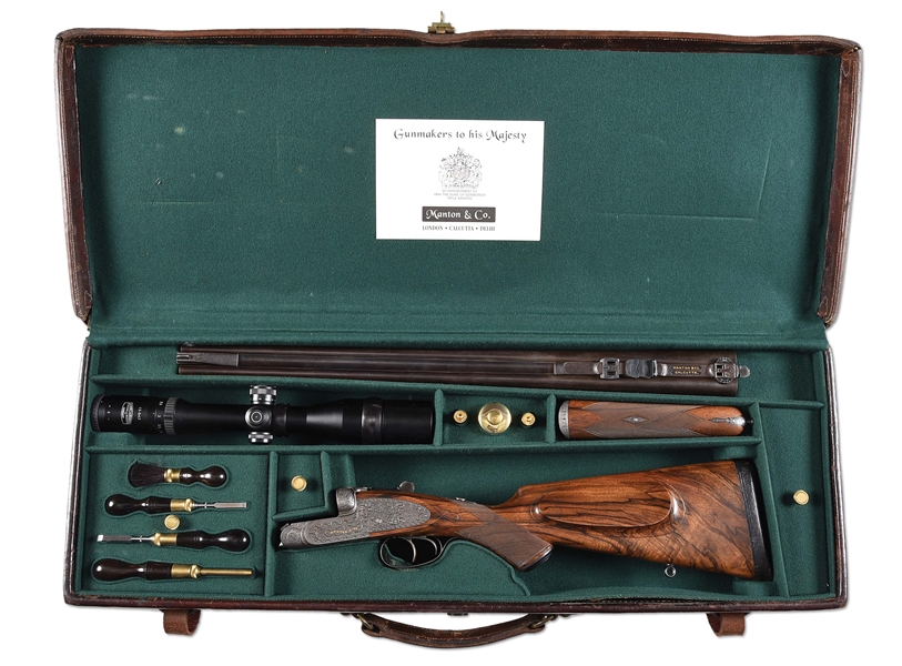 (M) MANTON & CO. .375 BELTED SIDE BY SIDE DOUBLE RIFLE WITH CASE & ACCESSORIES.
