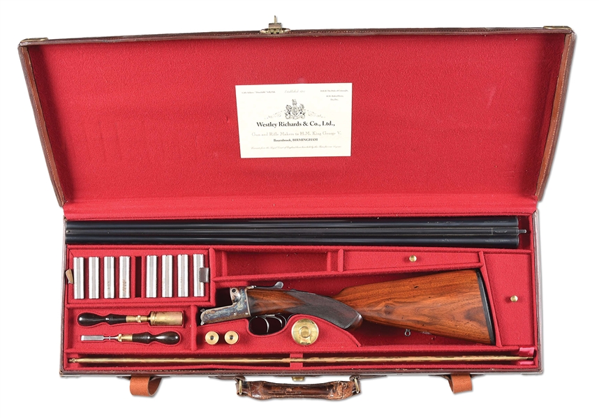 (C) WESTLEY RICHARDS SIDE BY SIDE SHOTGUN WITH CASE AND ACCESSORIES. 
