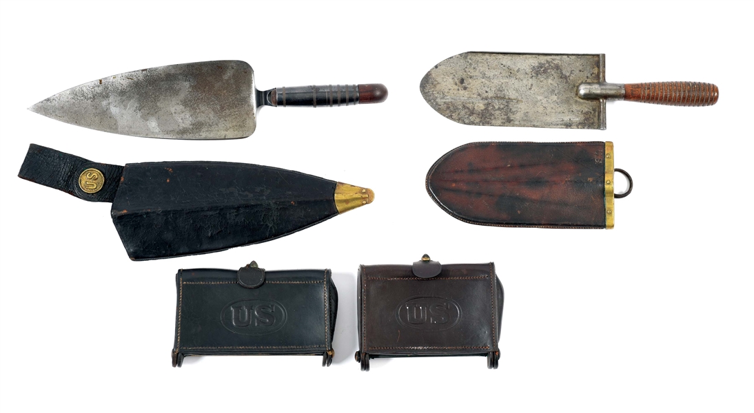 LOT OF 4: TROWEL BAYONET, 1873 ENTRENCHING TOOL, AND 2 MCKEEVER CARTRIDGE BOXES.