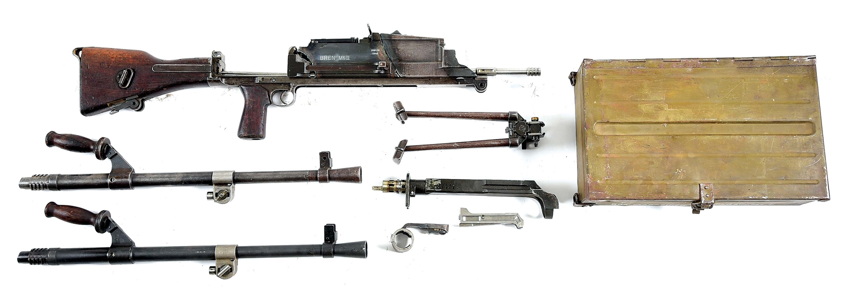 BRITISH BREN MACHINE GUN PARTS KIT WITH SPARE BARREL AND 12 MAGAZINES.