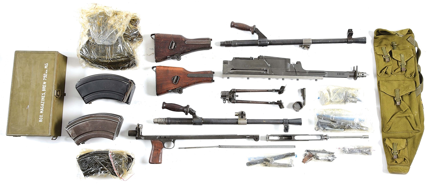 BRITISH BREN MACHINE GUN PARTS KIT WITH SPARE BARREL AND 11 MAGAZINES.
