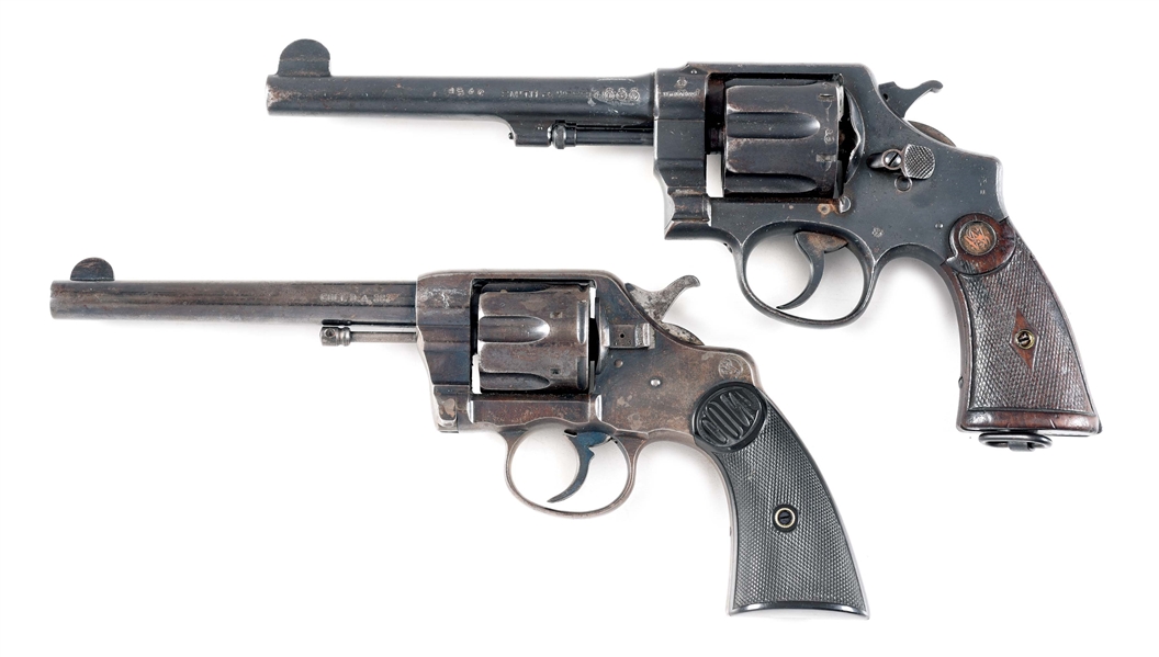 (C+A) LOT OF TWO: S&W .45 AC HAND EJECT LEND LEASE REVOLVER AND A COLT 1892 .38 DA NAVY REVOLER.