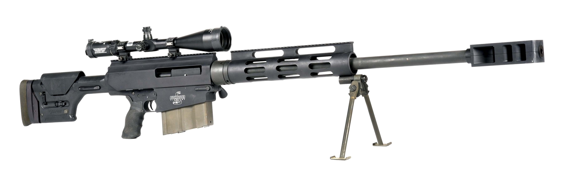 (M) BUSHMASTER BA50 .50BMG BOLT ACTION RIFLE WITH COUNTER SNIPER MILITARY OPTICAL GUNSIGHT CORP SCOPE.