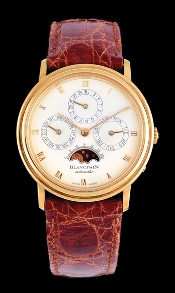 18K GOLD BLANCPAIN VILLERET TRIPLE CALENDAR WRISTWATCH WITH MOON PHASES.