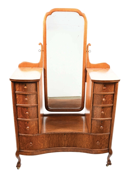QUARTERED OAK QUEEN ANNE STYLE DRESSOR AND MIRROR .