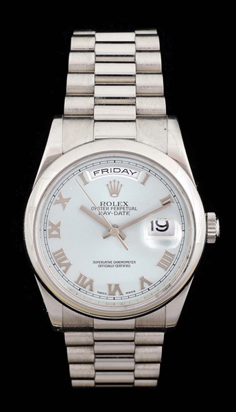 GENTS PLATINUM ROLEX OYSTER PERPETUAL DAY-DATE PRESIDENT WATCH, REF 118206.