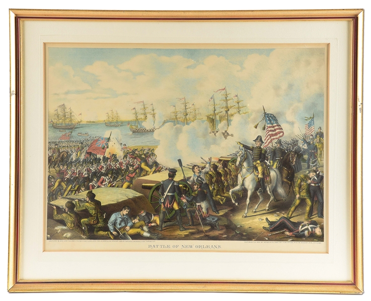 FRAMED "BATTLE OF NEW ORLEANS" FULL COLOR LITHOGRAPH.