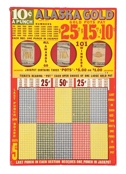 10¢ "ALASKA GOLD" GAMBLING PUNCH BOARD. 