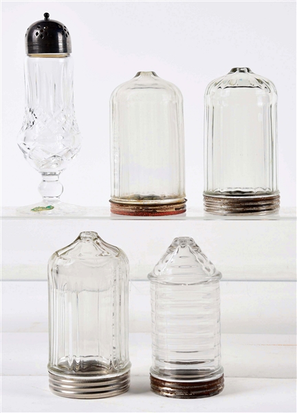 LOT OF 5: SINGLE-POUR SUGAR DISPENSERS AS WELL AS PARMESAN CHEESE CUT GLASS SUGAR DISPENSER.