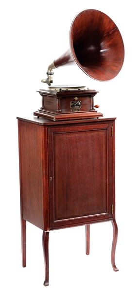 VICTOR MODEL IV MAHOGANY PHONOGRAPH WITH WOOD HORN AND STAND.