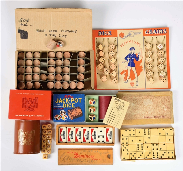 LARGE LOT OF DOMINOS AND DICE. 