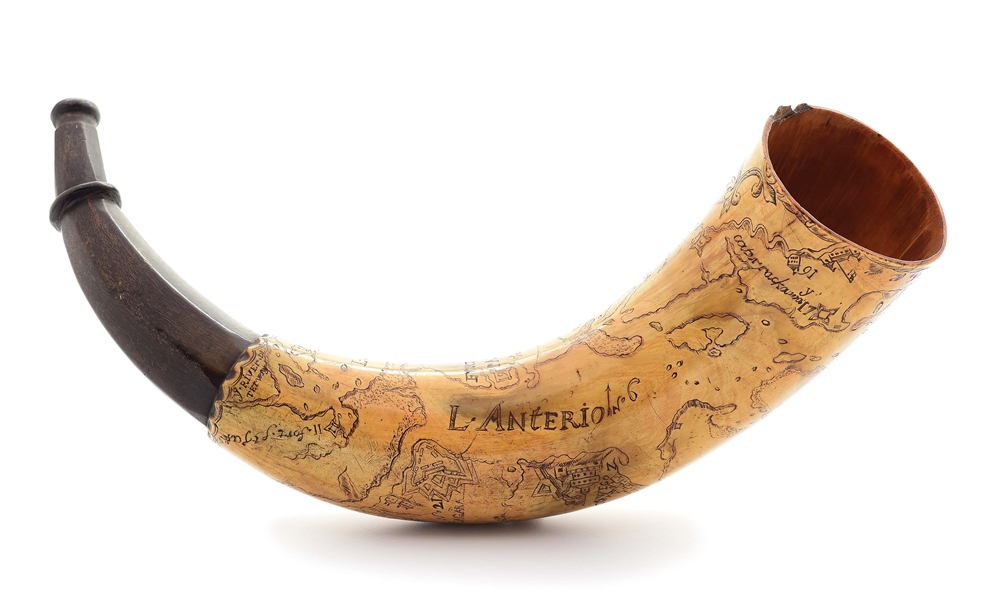 ENGRAVED FRENCH AND INDIAN WAR MAP POWDER HORN OF CANADIAN TERRITORIES ATTRIBUTED TO THE MASTER CARVER.