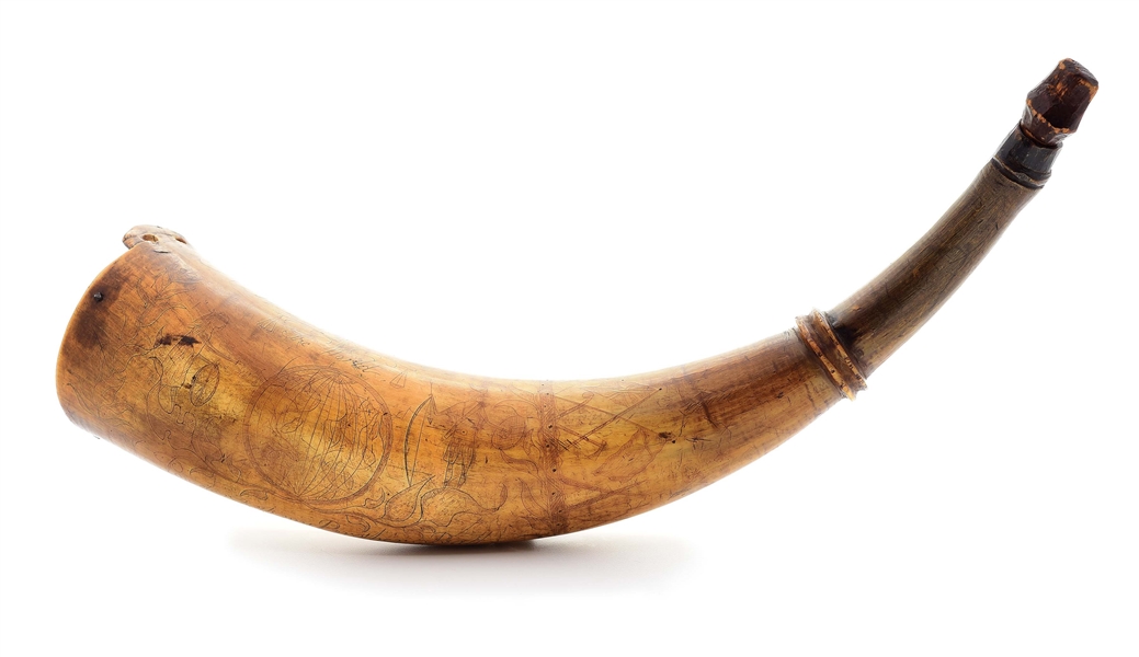 "THE WORLD" CANADIAN POWDER HORN BY THE TOBACCO LEAF CARVER.
