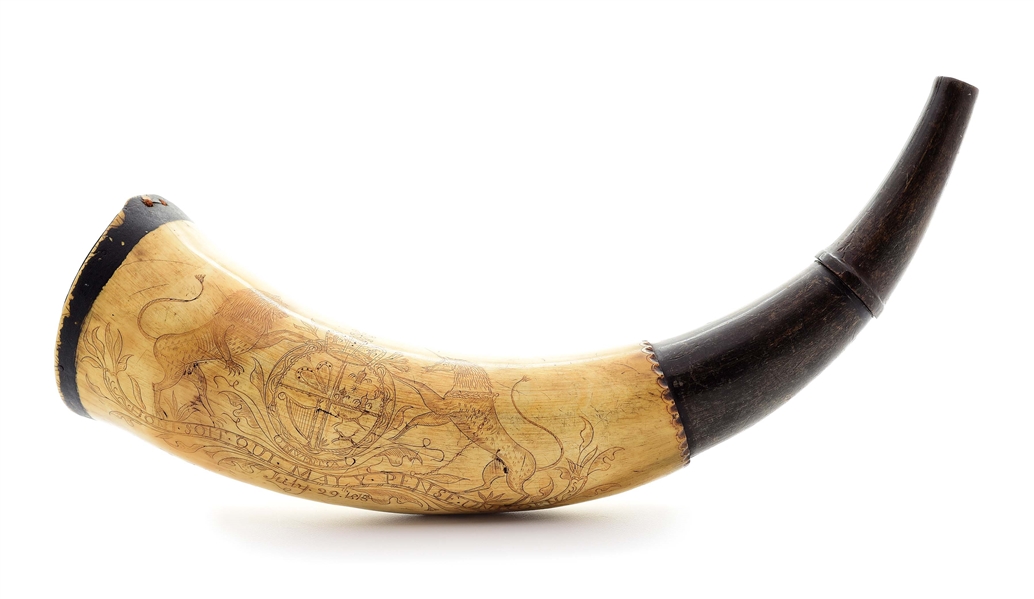 W.H. SNELLING 1815 CANADIAN POWDER HORN BY THE TOBACCO LEAF CARVER.