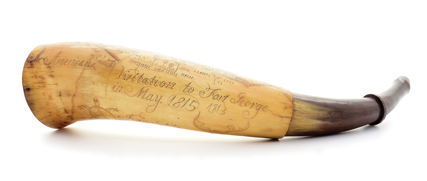 CANADIAN POWDER HORN BY THE TOBACCO LEAF CARVER - DATED 1815.