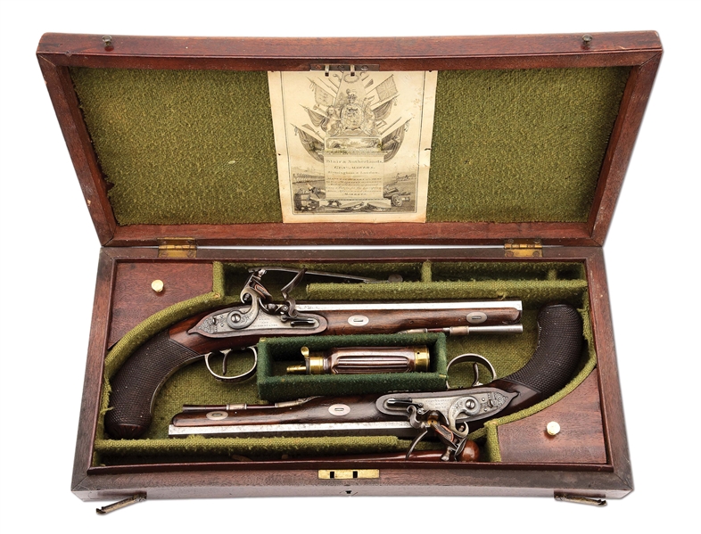 (A) CASED PAIR OF PRESENTATION FLINTLOCK DUELING PISTOLS TO CAPTAIN WM. MARSHALL, CANADIAN FENCIBLES, 1805. 